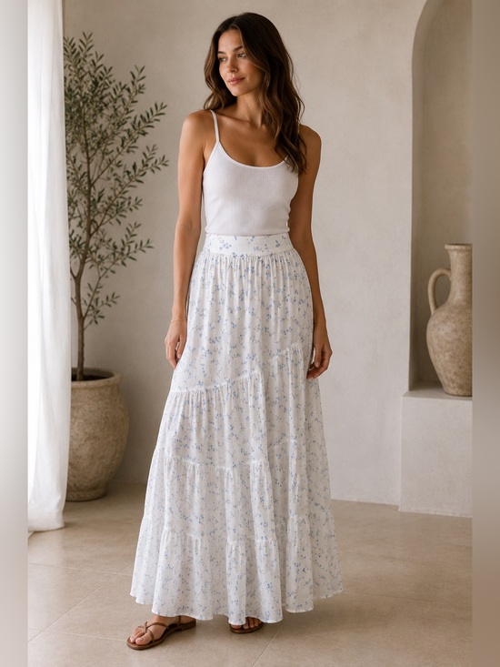 Altar'd State Dresses & Skirts - Altar’d State White Blue Floral Tiered Maxi Skirt Cottagecore Boho Size M